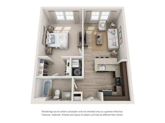 a stylized floor plan with a bedroom and a living room