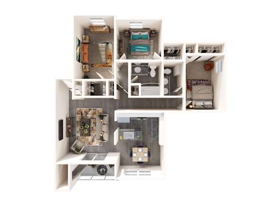 a 3d floor plan of a house with a bedroom and a kitchen
