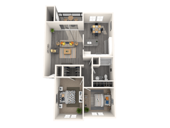 a 3d floor plan of a 2 bedroom apartment