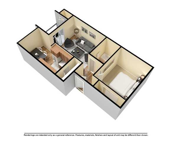 A 3D image of a house layout with a kitchen, living room, and bathroom.