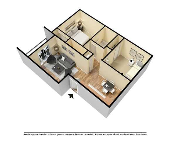 A 3D rendered image of a house layout.