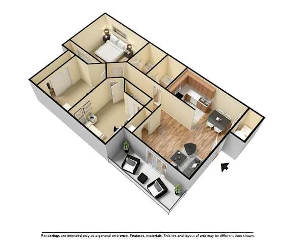 A 3D image of a house layout with a kitchen, living room, and two bedrooms.