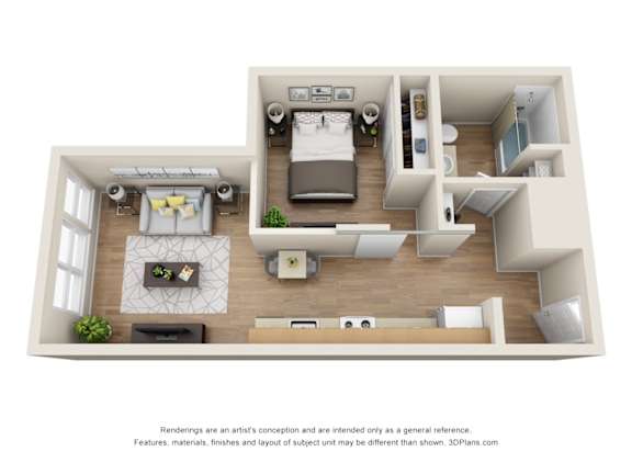A 3D floor plan of a small apartment with a living room, kitchen, and bedroom.
