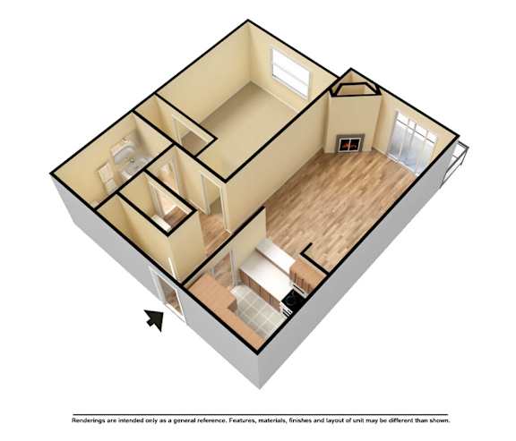 A 3D rendered image of a house layout.