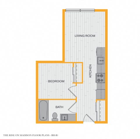 A floor plan of a small apartment with a living room, bedroom, and bathroom.