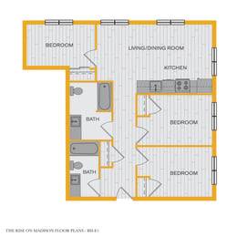 A floor plan of a house with bedrooms, a living room, a kitchen, and bathrooms.