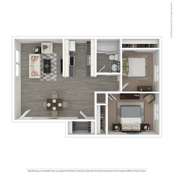 A 3D floor plan of a small apartment with a kitchen, living room, and bathroom.