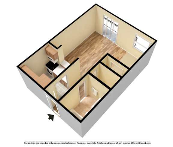A 3D rendered image of a house layout.