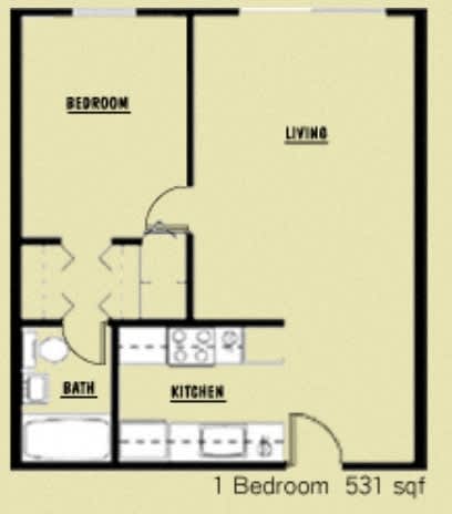 A floor plan of a one bedroom apartment with a living room, kitchen and bathroom.