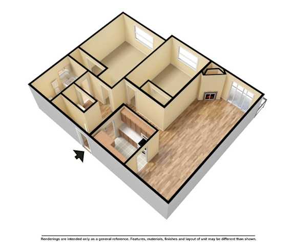 A 3D rendered image of a house layout.