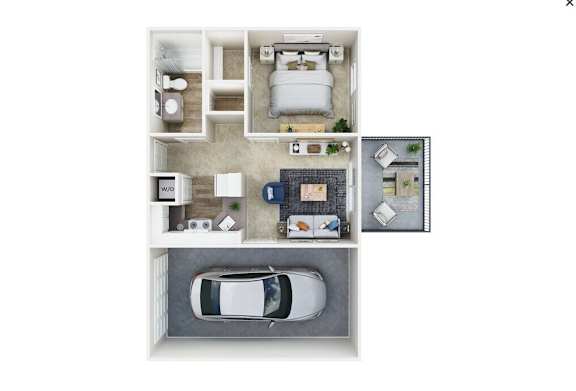 A top-down view of a house layout with a bedroom, living room, kitchen, and a garage with a car.