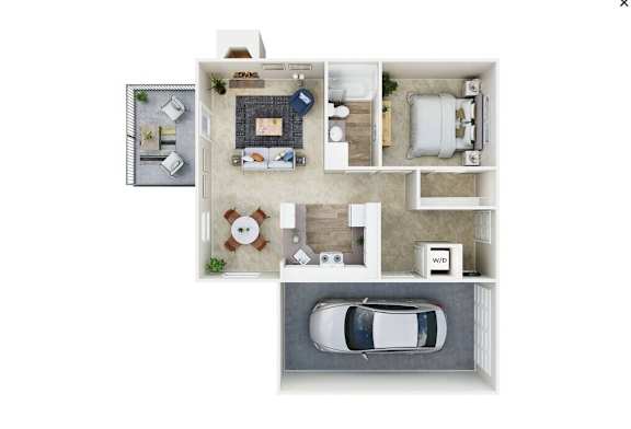 A top-down view of a house layout with a car parked in the driveway.