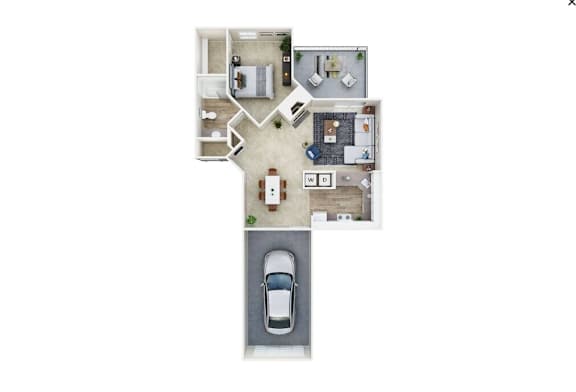 A top-down view of a house with a car parked in the driveway.