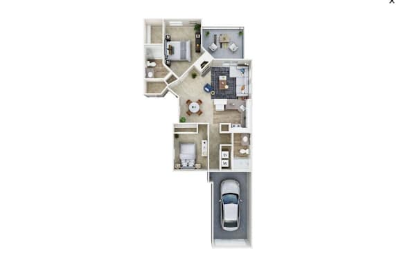 A 3D floor plan of an apartment with a car parked in the garage.
