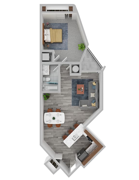 A top down view of a house with a kitchen, living room, dining room, and bedrooms.