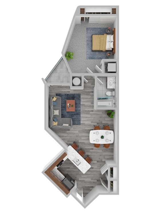 A top-down view of a house interior with a living room, dining area, kitchen, and bathroom.