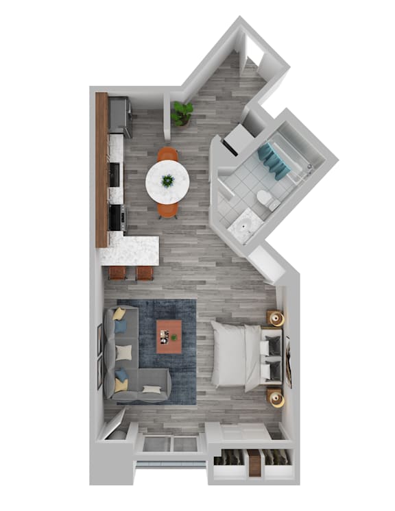A top-down view of a modern apartment with a kitchen, living room, and bathroom.