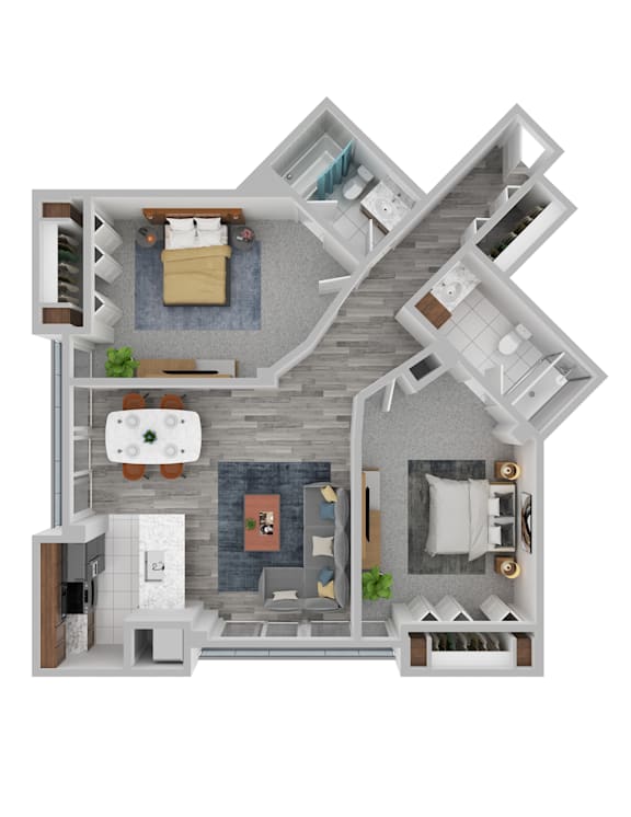 A 3D rendered image of a house layout.