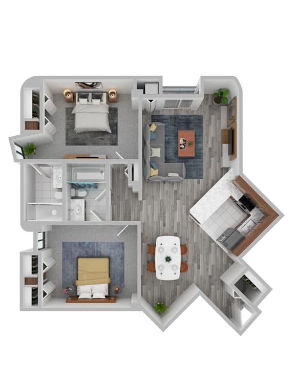 A top-down view of a house layout with a living room, kitchen, dining area, and bedrooms.