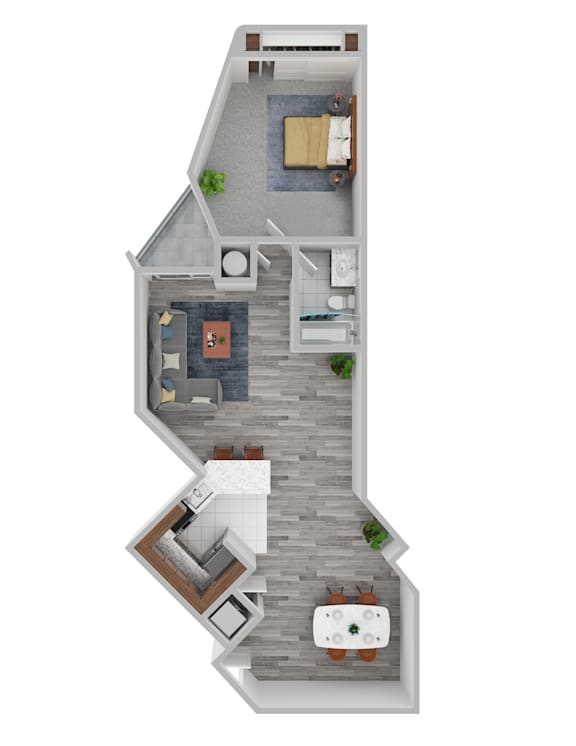 A top-down view of a house with a kitchen, living room, and dining area.