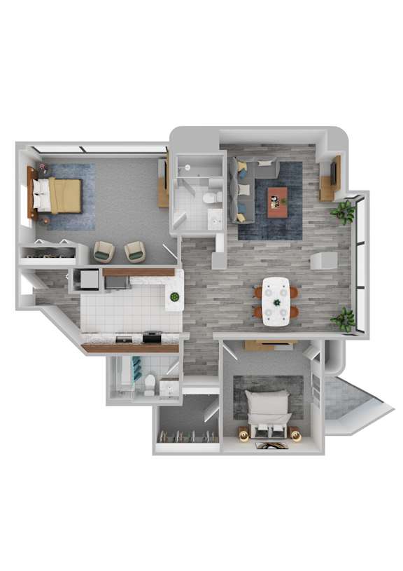 A 3D floor plan of a house with a kitchen, living room, and two bedrooms.