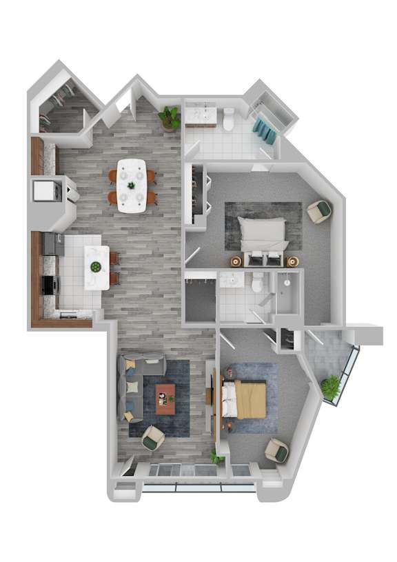 A top-down view of a house with a living room, kitchen, and two bedrooms.