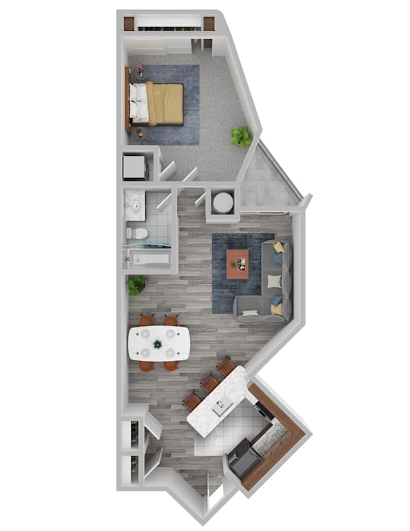 A top-down view of a house interior with a kitchen, living room, and bedrooms.