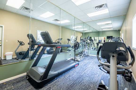 A gym with treadmills, exercise bikes, and other equipment. at Indian Ridge Apartments, Davenport, 52807