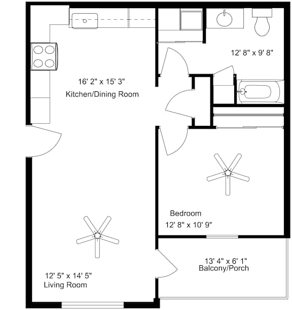 A floor plan of a house with a kitchen, dining room, living room, and two bedrooms.