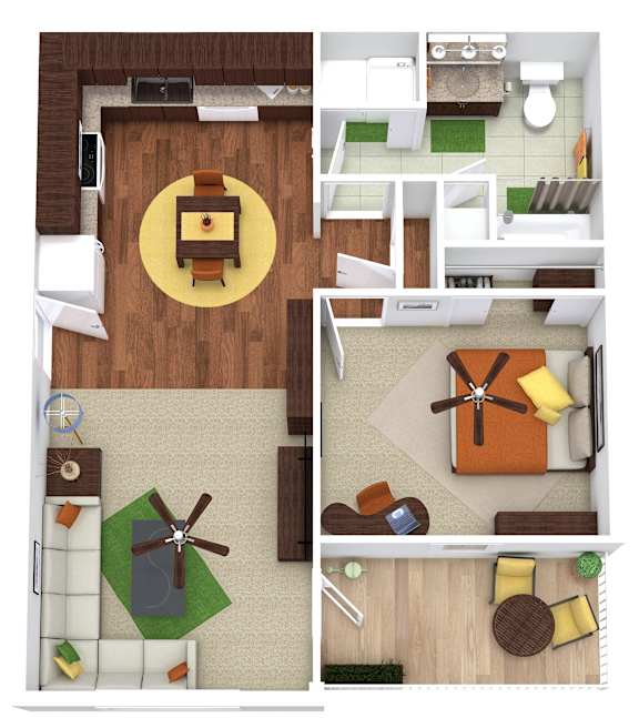 A series of four images showing a top down view of a living room, kitchen, dining area, and bathroom.
