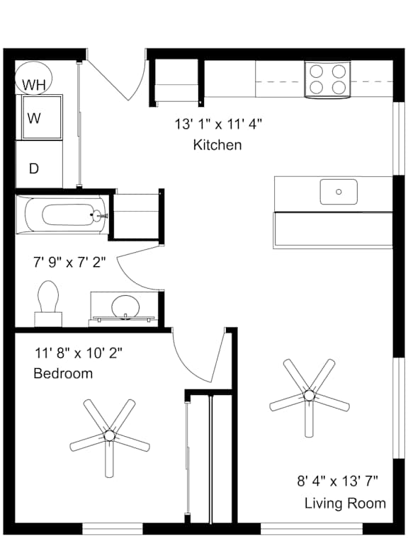 A floor plan of a small apartment with a kitchen, bedroom, and living room.