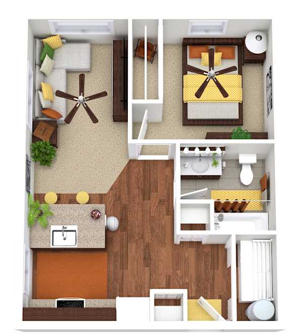 A top-down view of a small apartment with a kitchen, living room, and bedroom.