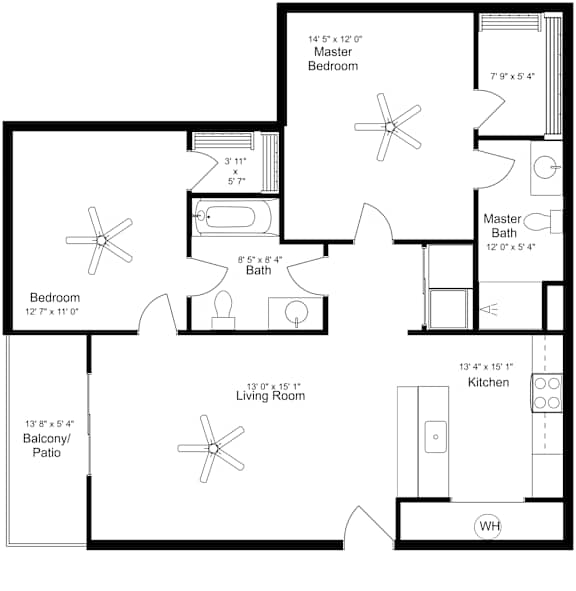 A floor plan of a house with a living room, kitchen, two bathrooms, and two bedrooms.