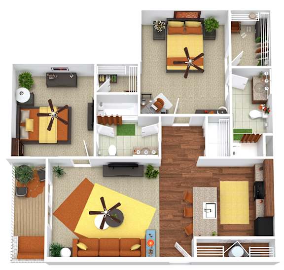 A top-down view of a living room with a couch, coffee table, and a large yellow rug.