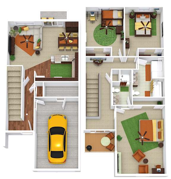A yellow car is parked in the garage of a house.