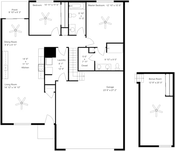 A black and white image of a floor plan for a house.