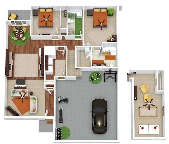 A top down view of a house layout with a car parked in the driveway.