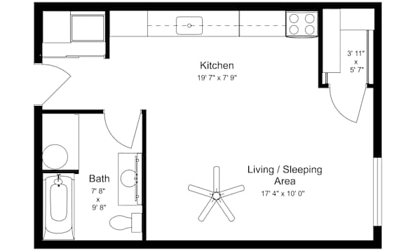 A floor plan of a small apartment with a kitchen, bathroom, and living/sleeping area.