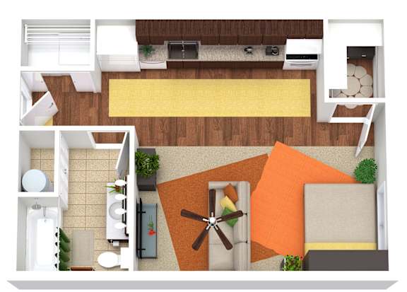 A top down view of a living room, kitchen, and dining area.