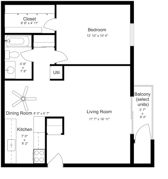 1 bedroom 1 bath floorplan with balcony at Indian Ridge Apartments, Iowa, 52807