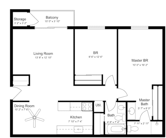 2 bedroom 2 bathroom floorplan with balcony at Indian Ridge Apartments, Davenport, IA 52807