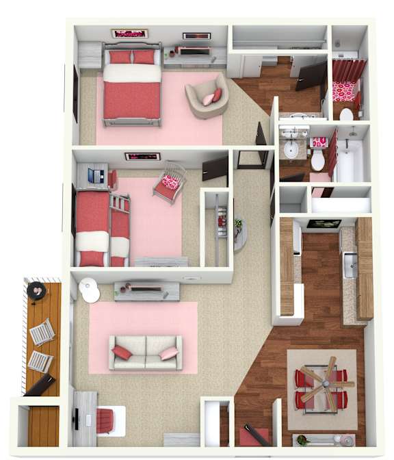 Three bed two bath 3D floorplan at Indian Ridge Apartments, Iowa, 52807