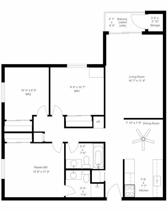 Three bedroom two bath 2D floorplan with balcony at Indian Ridge Apartments, Iowa, 52807