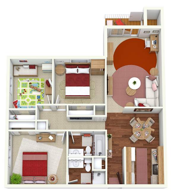 Three bed two bath floorplan with balcony at Indian Ridge Apartments, Davenport, IA