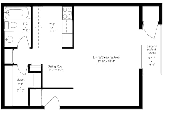 One bedroom one bathroom floorplan with closet at Indian Ridge Apartments, Davenport, IA 52807