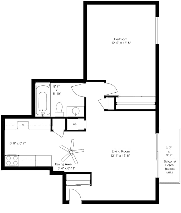 1 bedroom one bathroom 2D floorplan with balcony at Kimberly Club Apartments, Davenport, IA