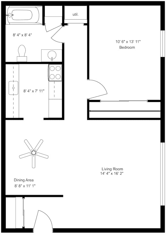 1 bed one bath floorplan at Kimberly Club Apartments, Davenport, Iowa
