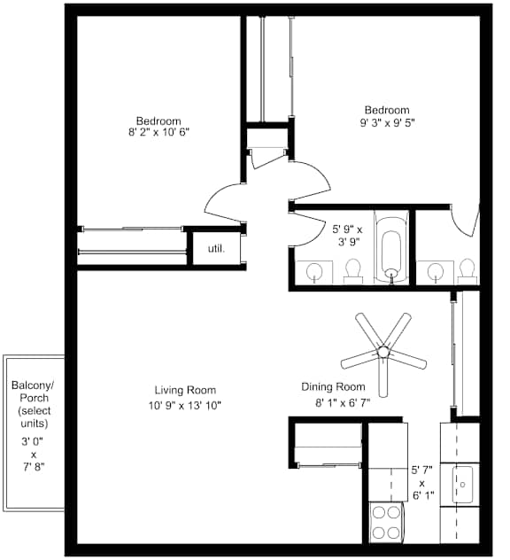2 bed two bathroom 2D floorplan with balcony at Kimberly Club Apartments, Davenport