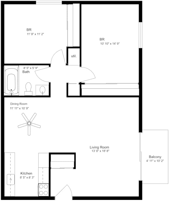 Two bedroom 1 bathroom floorplan with balcony at Kimberly Club Apartments, Davenport, IA