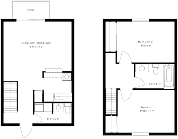 A floor plan of a two bedroom apartment with a living room and dining room.